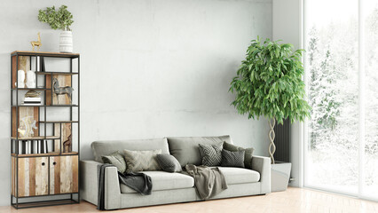 Modern stylish interior of the living room, a room with a wooden floor and a large window. 3D rendering