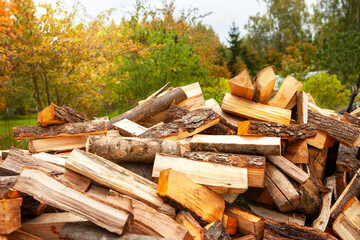 A pile of split firewood for heating a house, in an open space, close-up, against the backdrop of an autumn garden.