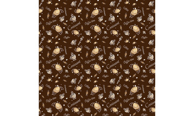 Pattern with croissants and coffee. Seamless texture. Brown and beige pastel shades.