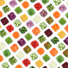 Many containers with different fresh vegetables on white background, top view. Collage