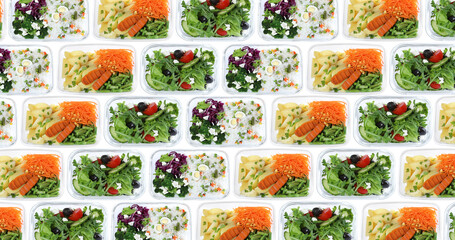 Many containers with different tasty food on white background, top view. Collage