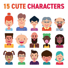 Set of fifteen cute and happy characters. Smiling faces Age 1 year - 80 years