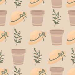 cute spring pattern for kids - gardening hat, planting pot and plant twig