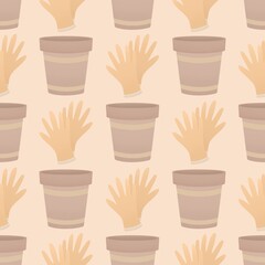 cute spring pattern for kids - potty and gardening gloves on yellow background