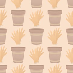 cute spring pattern for kids - potty and gardening gloves on yellow background