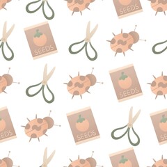 cute spring pattern for kids - scissors, bugs and seeds