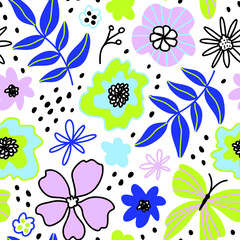 Floral seamless pattern. Flowers, leaves, butterflies. Vector background. Modern flat style, memphis cute design. Hand drawn illustration. Texture for print, fabric, textile, wallpaper.