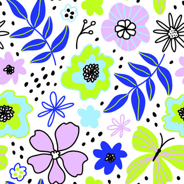 Floral seamless pattern. Flowers, leaves, butterflies. Vector background. Modern flat style, memphis cute design. Hand drawn illustration. Texture for print, fabric, textile, wallpaper. © Taity