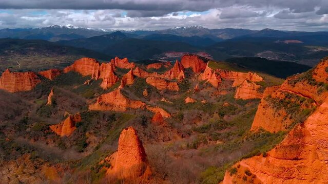 Landscape of Las Medulas from the Orellan viewpoint. Ancient Roman gold mines. Heritage of humanity by unesco. El Bierzo, Leon. Spain