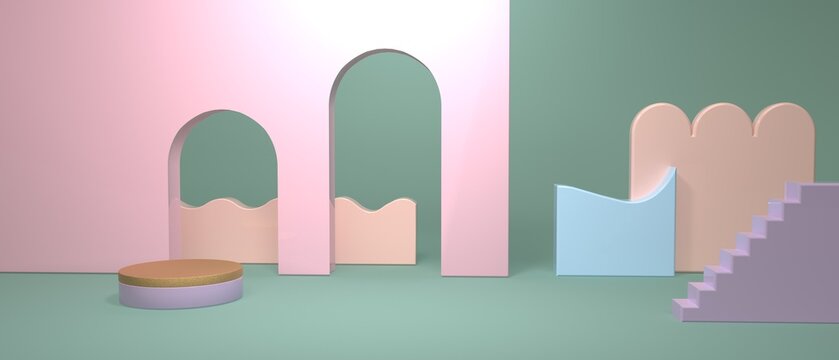 Abstract 3D render illustration of minimal doorways and staircases