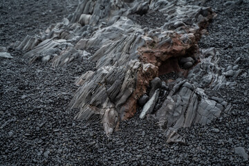 Basalt rock background. Western Iceland nature. Selective focus