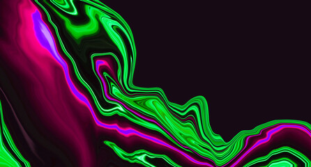 Bright fluid red purple neon green texture black background. Abstract liquid ink wave. Art trippy luxury digital screen. Fantasy Metaverse Backdrop. Banner. Template. Virtual reality. NFT card.