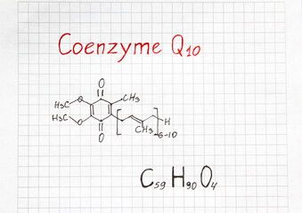 Chemical formula of Coenzyme Q10. Useful vitamin quinone for cells. Close-up.