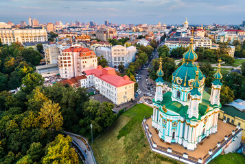 Saint Andrew church and Andriyivskyy Descent in the old town of Kyiv, Ukraine before the war with Russia