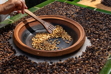 traditional roasting of coffee beans in a clay bowl, roasted beans and green beans