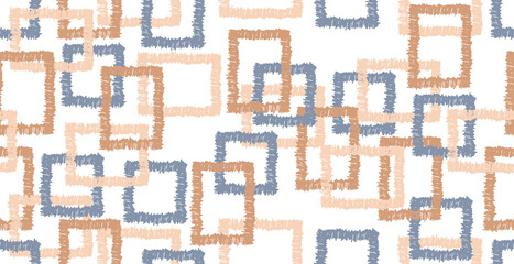 Fototapeta premium Bohemian Boho nahtloses Muster aus ausgefransten Rechtecken und Quadraten in sandfarben und jeans blau für Druck auf Textil, Papier, Interieur