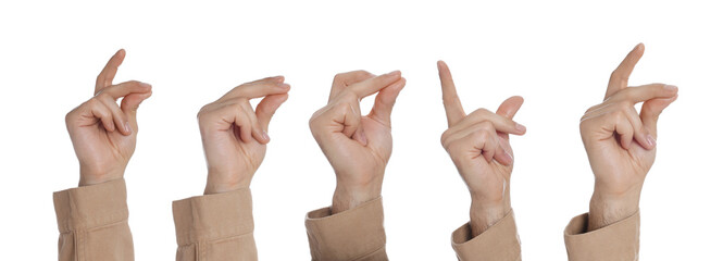 Collage with photos of women snapping fingers on white background, closeup. Banner design