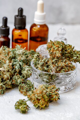 Hemp oil, Medical marijuana products including cannabis leaf, dried bud, cbd and hash oil over...