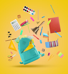 Turquoise backpack, school bell and different stationery flying on yellow background