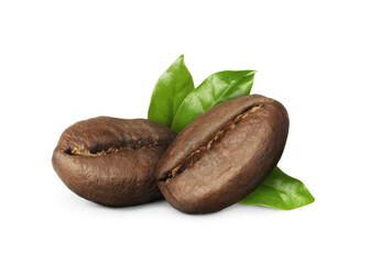 Aromatic roasted coffee beans and fresh green leaves on white background