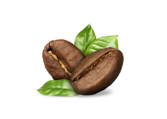 Aromatic roasted coffee beans and fresh green leaves on white background