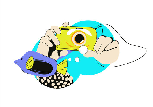Underwater camera. Hands with a camera and a fish and a coral in the foreground. Vector illustration in cartoon style isolated on white background.