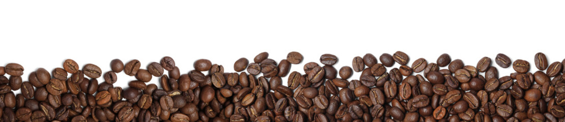 Fototapeta premium Many roasted coffee beans on white background, top view. Banner design