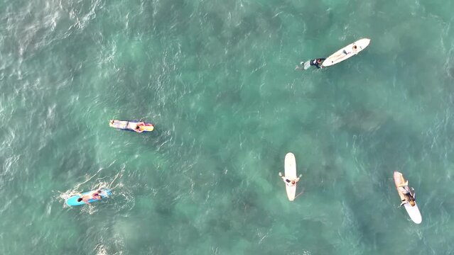 Aerial view of surfers in the ocean at sunset in Mexico