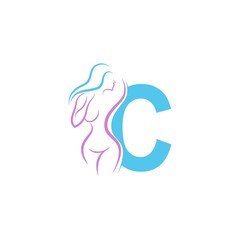 Sexy woman icon in front of letter C  illustration template