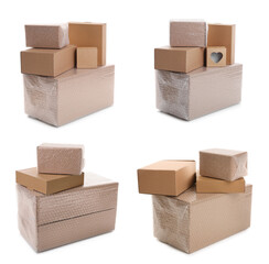 Set with cardboard boxes packed in bubble wrap on white background