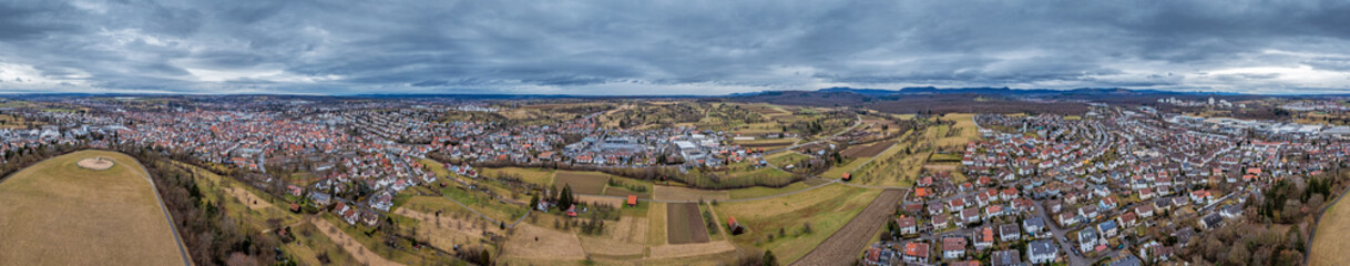 Fototapeta na wymiar Drone panorama over German small town Nuertingen in Baden-Wuertemberg during daytime