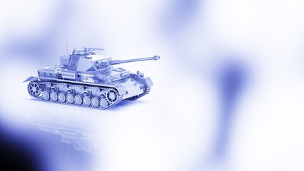 Metallic military silver painting tank on blue-black lighting background. Concept image of power strength, dynamic strategy and strong system. 3D illustration. 3D high quality rendering.  