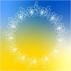 Blue and yellow smooth gradient background with a round wreath of flowers and leaves. Abstract Flag of Ukraine.