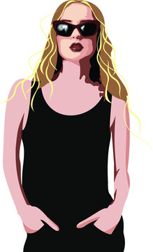 
A blonde girl with long hair with golden locks ,wears a black sleeveless T-shirt and sun glasses ,and puts her hands in her pocket .fits as model