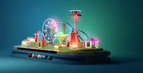 Printed roller blinds Amusement parc Funfair and carnival rides and amusements show background with neon lights. 3D illustration