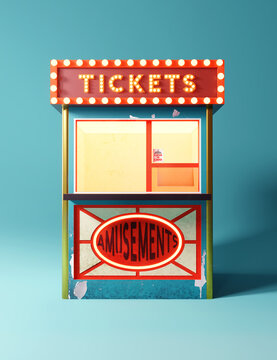 Vintage ticket sales booth for amusement parks and performance events. 3D illustration