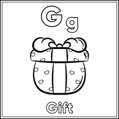 Alphabet flashcard letter G learning with cute gift drawing sketch for coloring