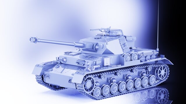 Metallic military silver painting tank on blue-black lighting background. Concept image of power strength, dynamic strategy and strong system. 3D illustration. 3D high quality rendering.  
