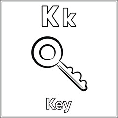 Alphabet flashcard letter K learning with cute key drawing sketch for coloring