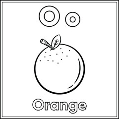 Alphabet flashcard letter O learning with cute orange drawing sketch for coloring