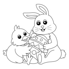 Rabbit And Chick Hugging An Easter Egg Isolated