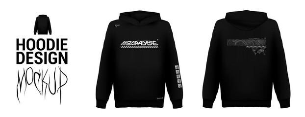 Modern print design hoodie or t-shirt. Vector trendy black futuristic lettering print with abstract elements on black Hoodie. Merch, t-shirt, apparel - print. Translation of Japanese words - paradise