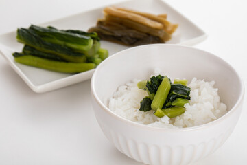 野沢菜の漬物とご飯　rice

