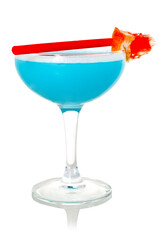blue cocktail with a straw on a white background.