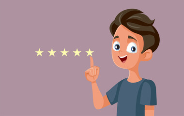 Teen Boy Giving Five Stars Positive Review Vector Cartoon Illustration