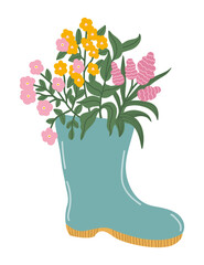 Vector isolated element. A rubber boot and a bouquet of flowers. Wildflowers. Gardening. Springtime. Color image on a white background. The print is used for packaging design.