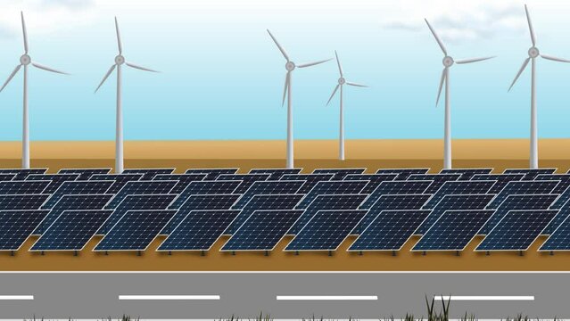An Animated Solar and Windmill Farm is Panned Through and Zommed In