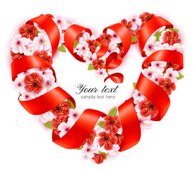 Happy Holiday background. Colorful beautiful flowers the shape of a heart Frame and red ribbon. Vector