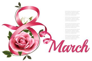 8th March illustration with pink and white roses flowers and pink ribbons. International Women's Day. Vector.
