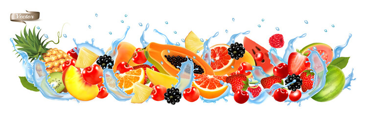 Fruit and berries in water splash panorama. Strawberry, apple, raspberry, blueberry, blackberry, orange, guava, watermelon, pineapple, mango, peach, grapefruit, papaya. Vector.